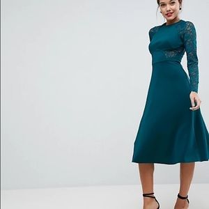 ASOS Premium Midi Scuba Skater Dress with Lace Sleeves - Forest green / US 4